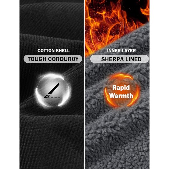 Mens Black Corduroy Jacket Sherpa Lined Warm Winter Trucker Cargo Coat - Picture 5 of 7